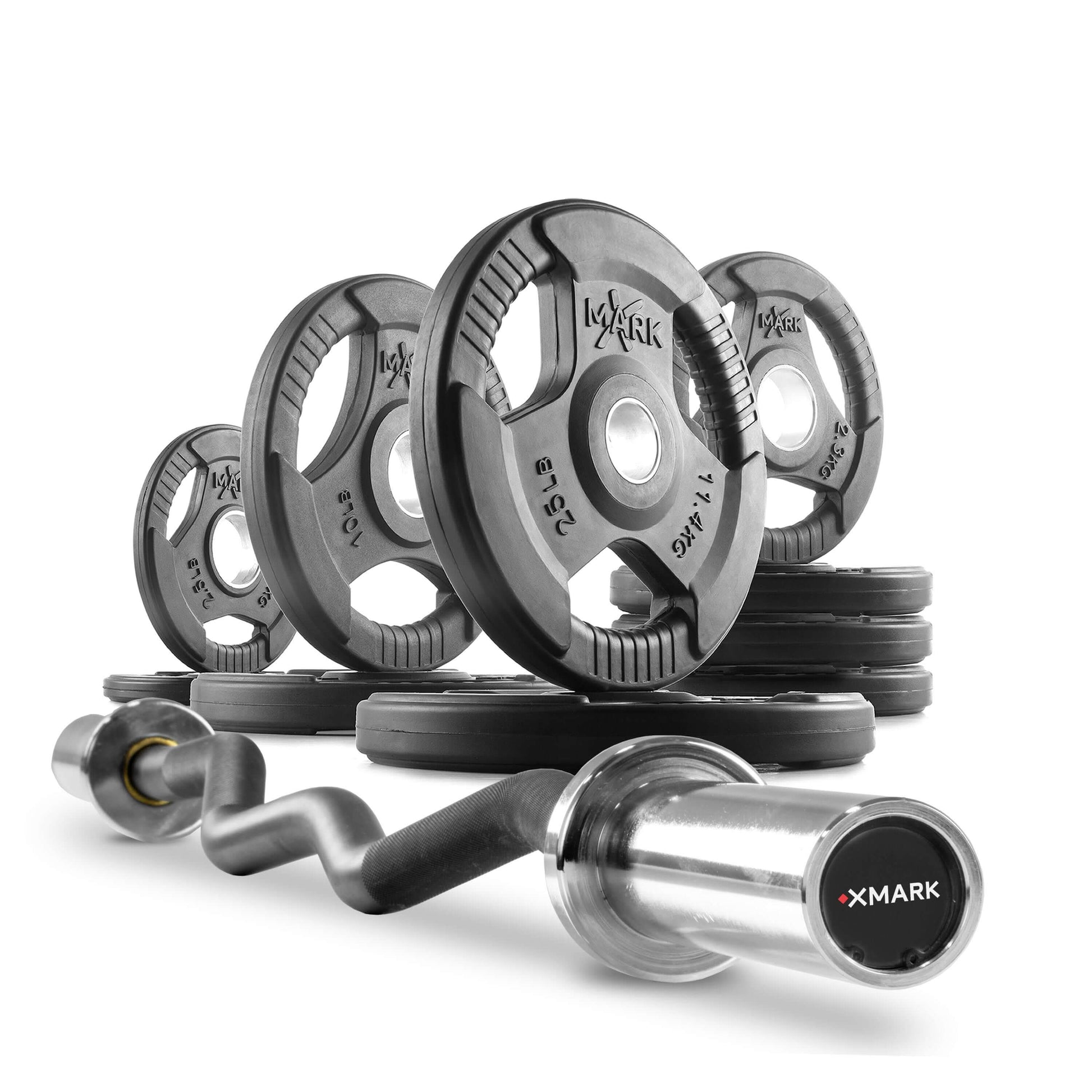 Tri-Grip Olympic weight plates and curl barbell set featuring ergonomic design for versatile home workouts.