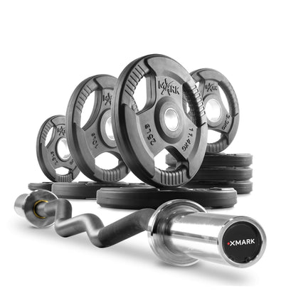 Tri-Grip Olympic weight plates and curl barbell set featuring ergonomic design for versatile home workouts.