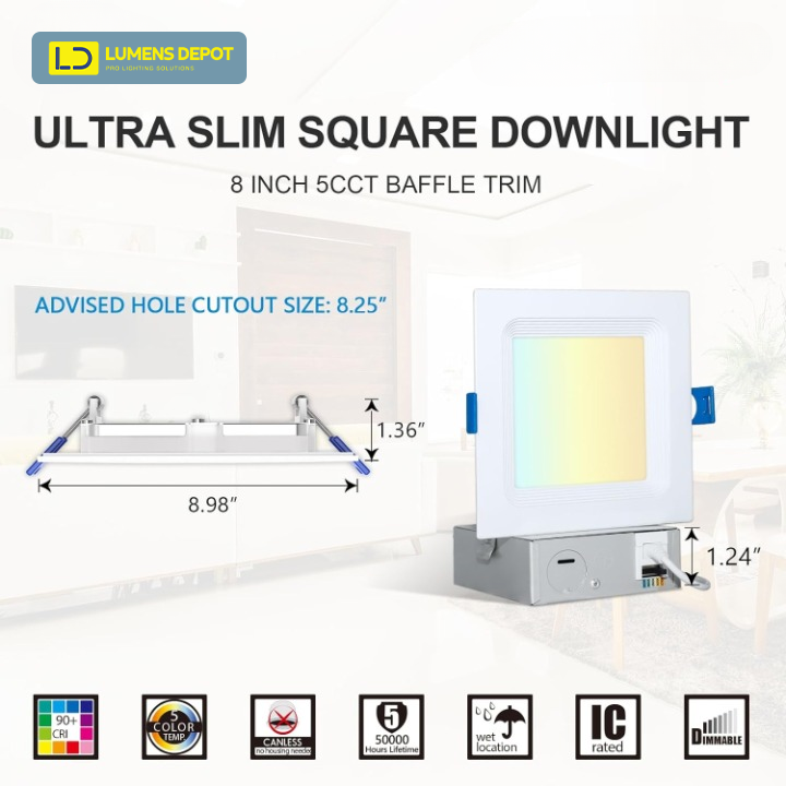8 Inch Square LED Downlight, 18W, Selectable CCT, 1500 Lumens, 120 VAC
