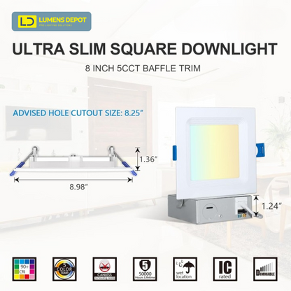 8 Inch Square LED Downlight, 18W, Selectable CCT, 1500 Lumens, 120 VAC