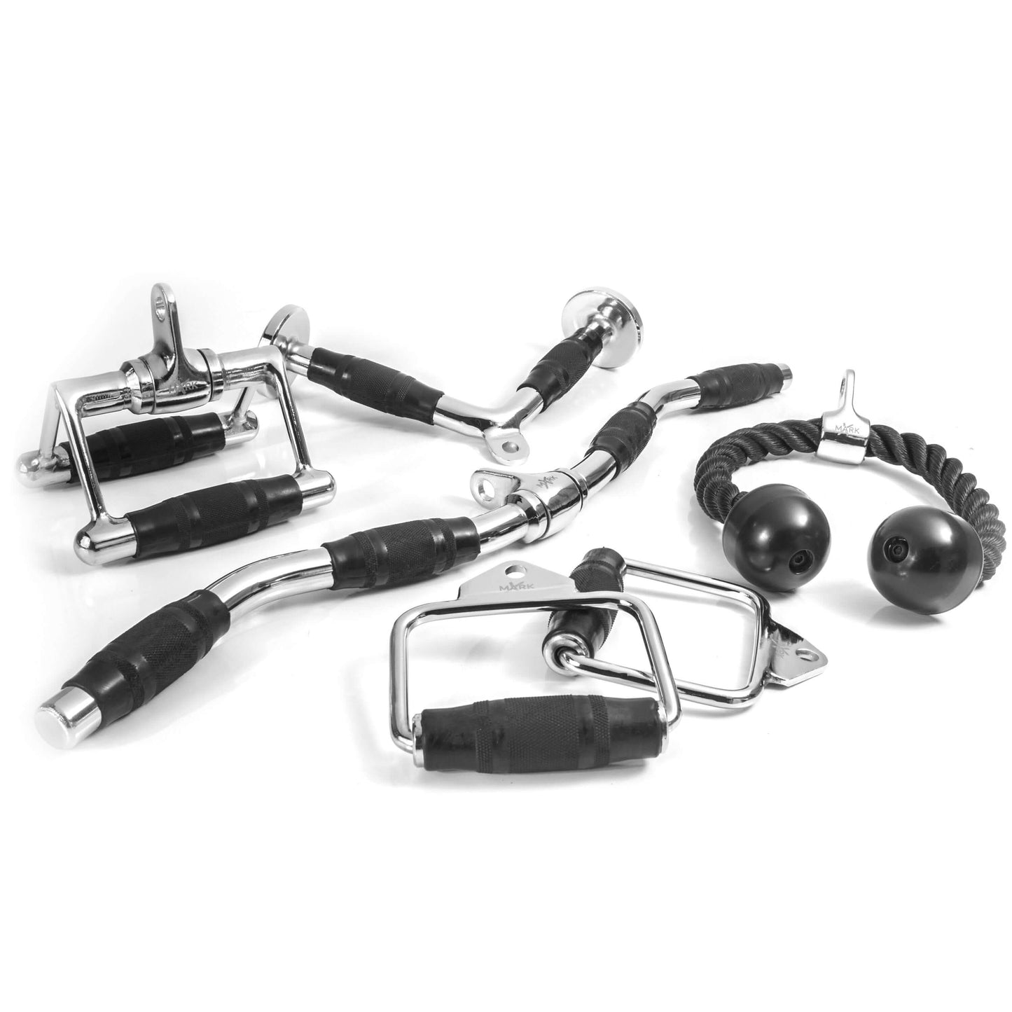 XMARK cable machine attachments set with chrome finish and textured grips for secure, non-slip handling during workouts.