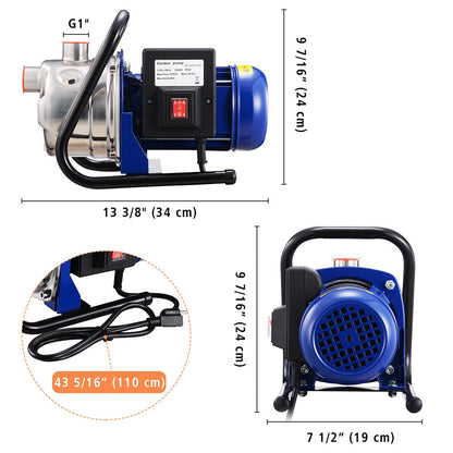 Yescom Water Pump Electric Irrigation Pump Stainless Steel 1.6HP 814gph