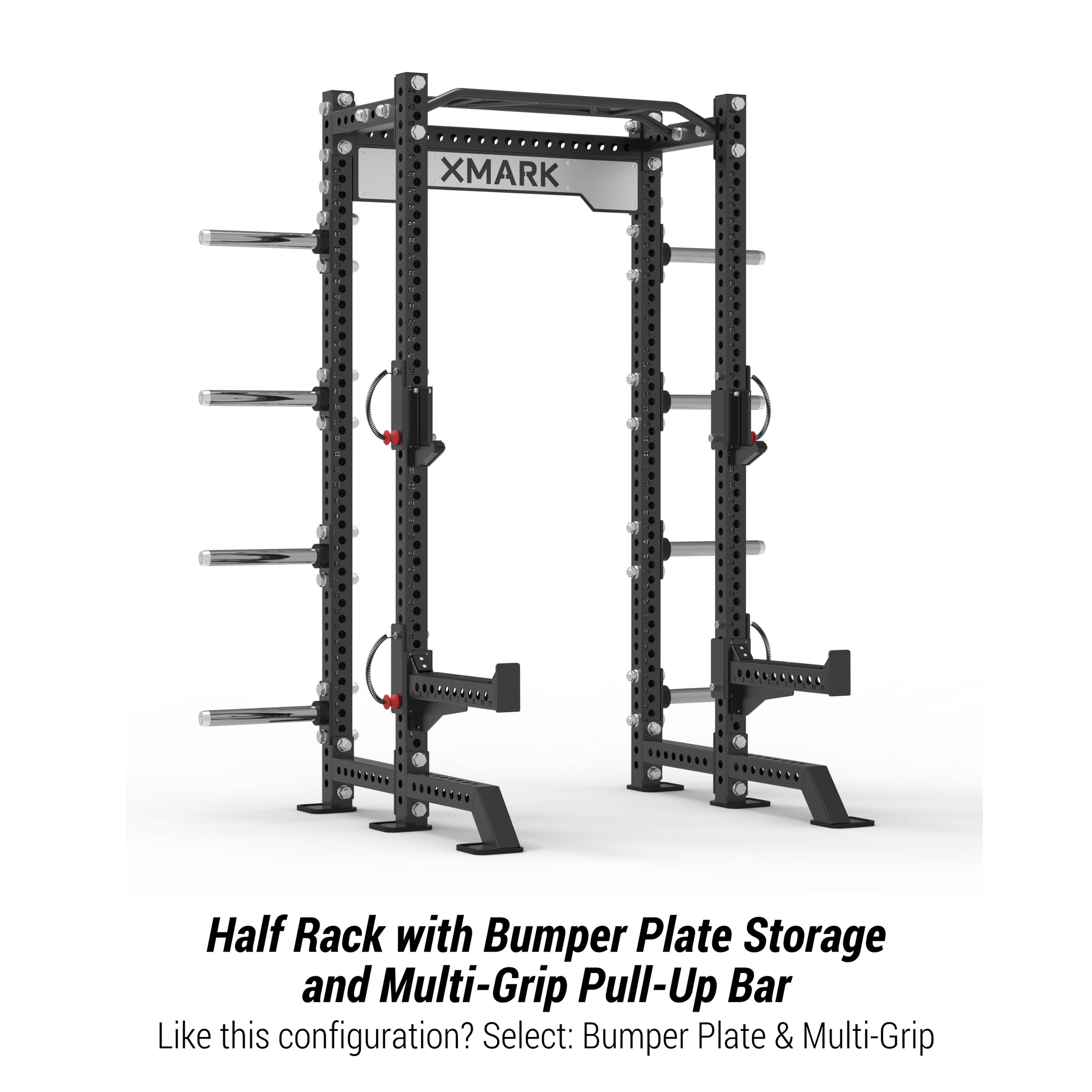 XMARK Viper Half Power Rack with bumper plate storage and multi-grip pull-up bar, designed for versatile home gym workouts.