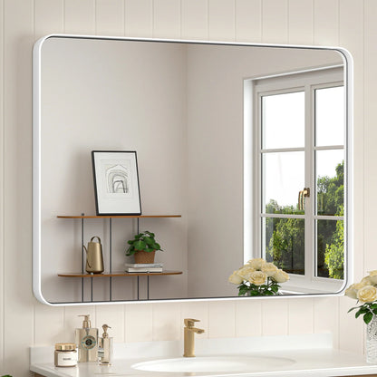 White Hard Corner Thin Frame Metal Mirror – Modern Rectangular Wall-Mounted Mirror with Shatterproof Copper-Free Glass