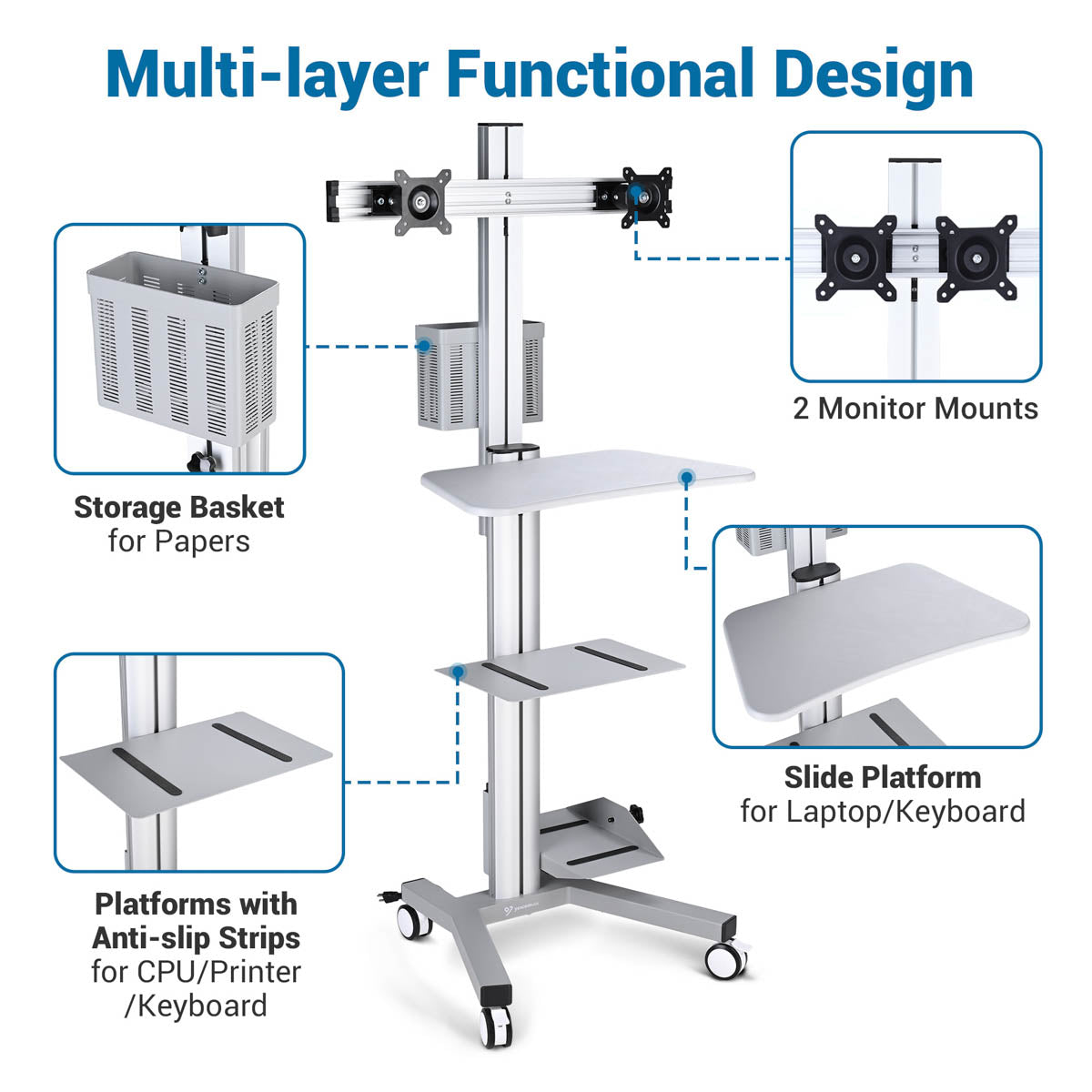 Yescom PC Computer Cart Workstation with Power Strip 2-Monitor