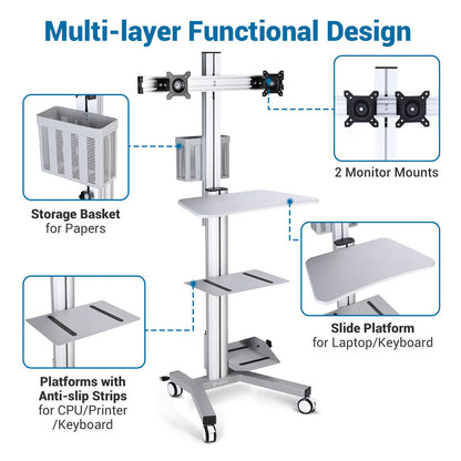 Yescom PC Computer Cart Workstation with Power Strip 2-Monitor