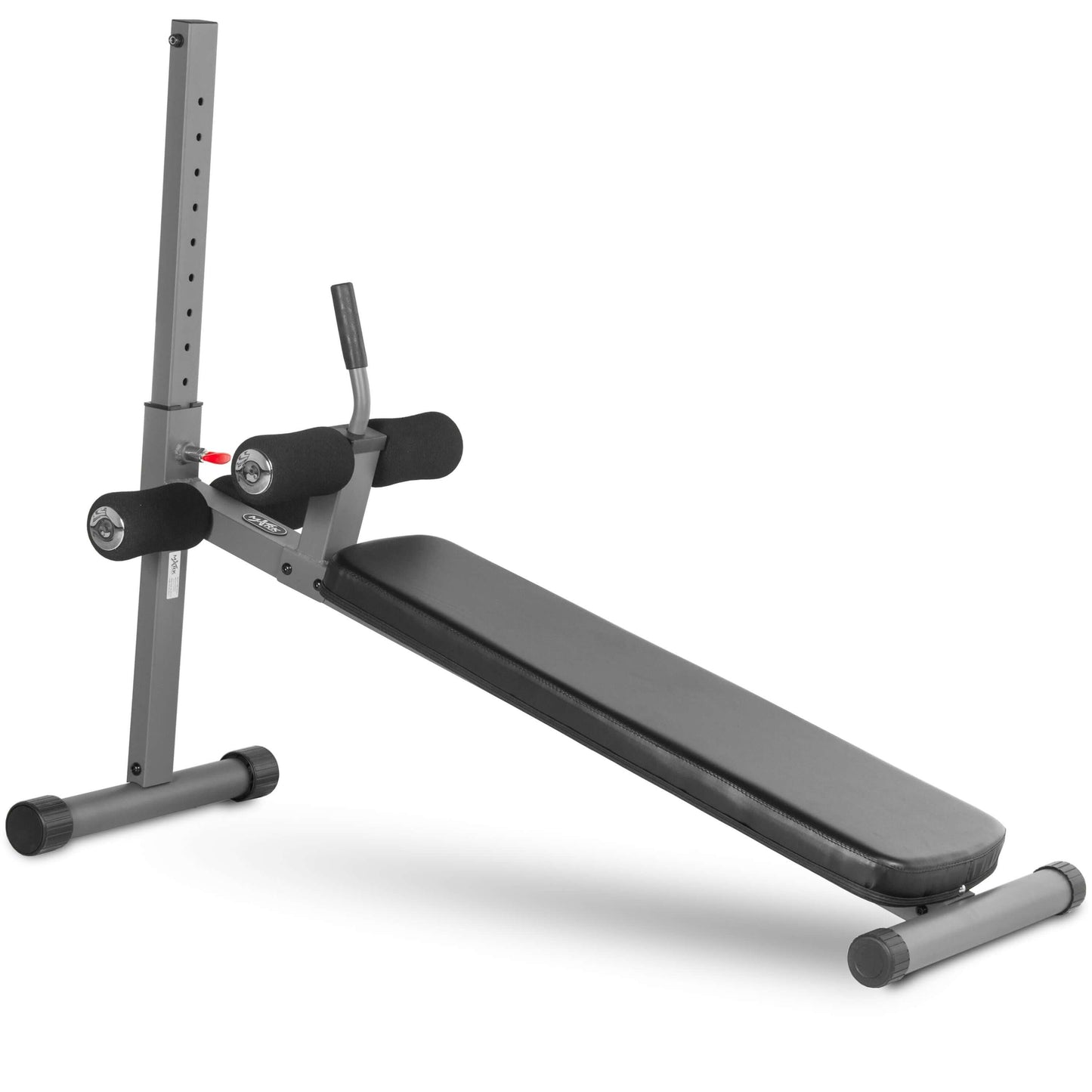 Adjustable decline abdominal bench with 12 resistance levels and padded support for workouts.