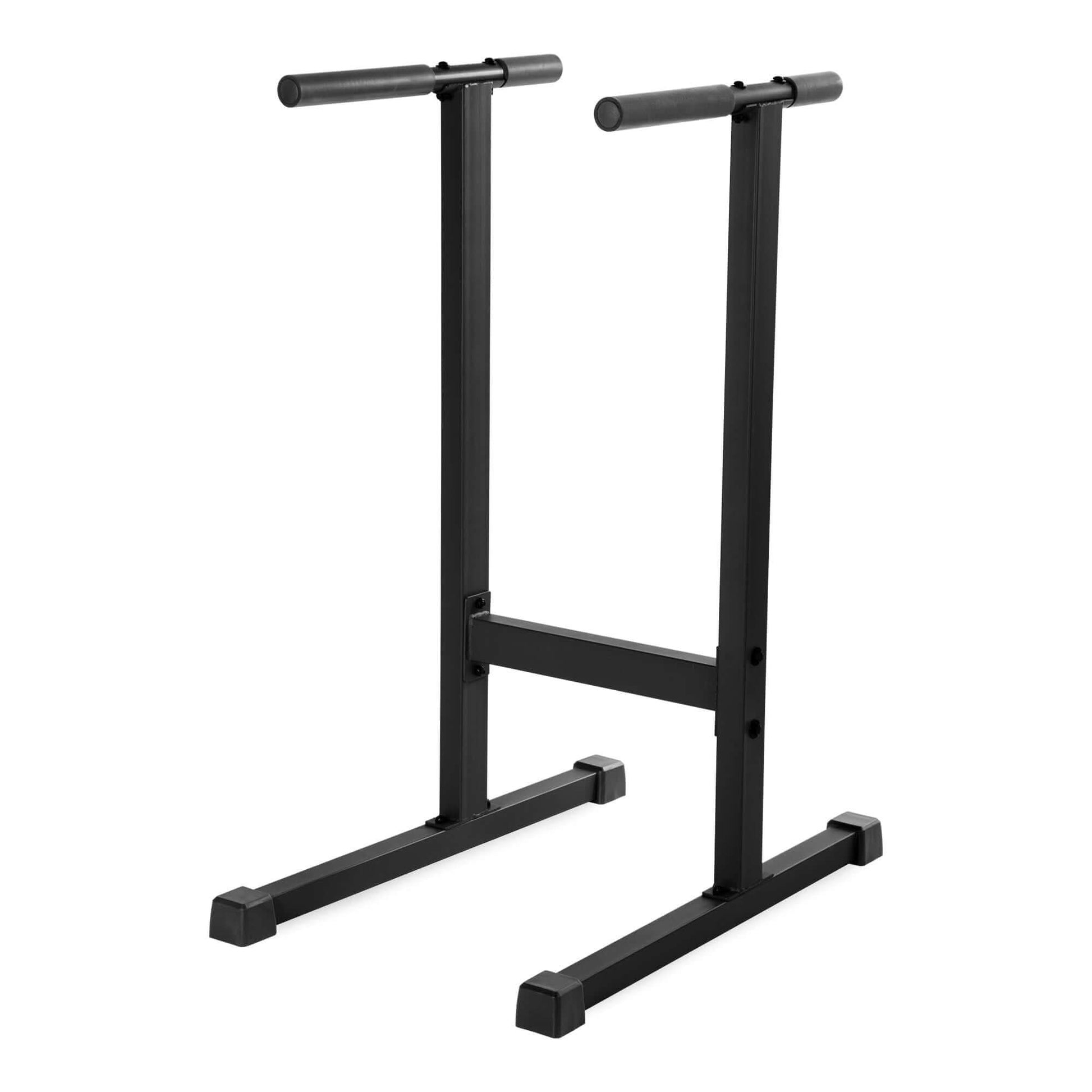 Heavy-duty black dip stand station designed for vertical knee raises and upper-body workouts. Features cushioned grips for comfort.