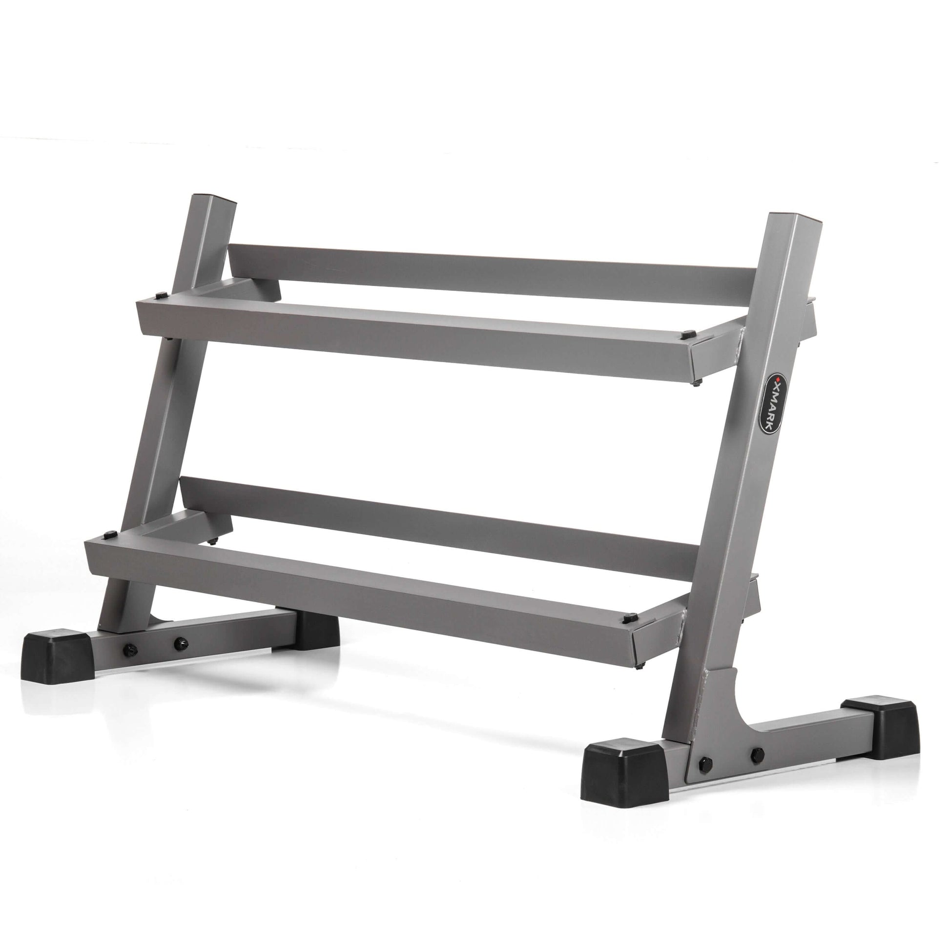 3-tier silver storage rack for dumbbells, with sturdy construction for gym use.