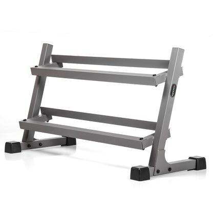 3-tier silver storage rack for dumbbells, with sturdy construction for gym use.
