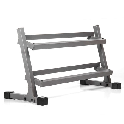 2-tier dumbbell rack with sturdy steel construction and compact design, optimized for gym space and aesthetics.