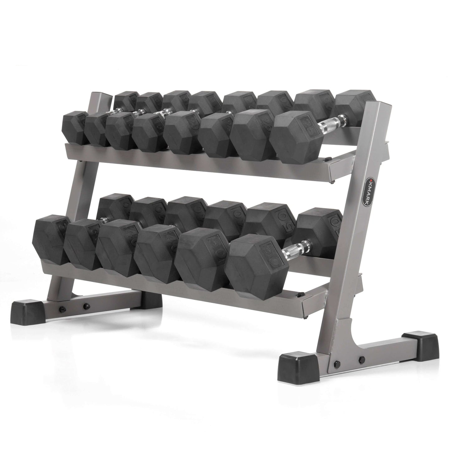 Rubber hex dumbbell pairs on a sturdy 2-tier rack, featuring weights ranging from 10 to 50 lbs for effective strength training.