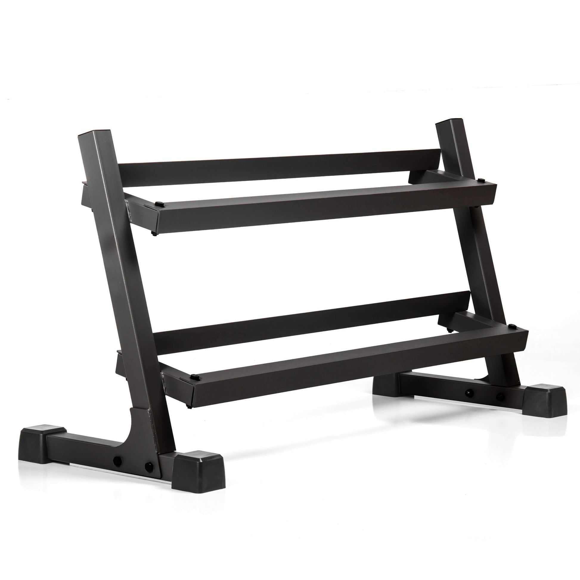 2-tier dumbbell rack made of durable black steel, designed for optimal weight capacity and space-saving storage.
