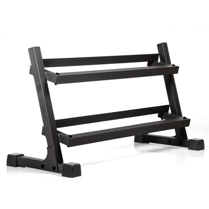 2-tier dumbbell rack made of durable black steel, designed for optimal weight capacity and space-saving storage.