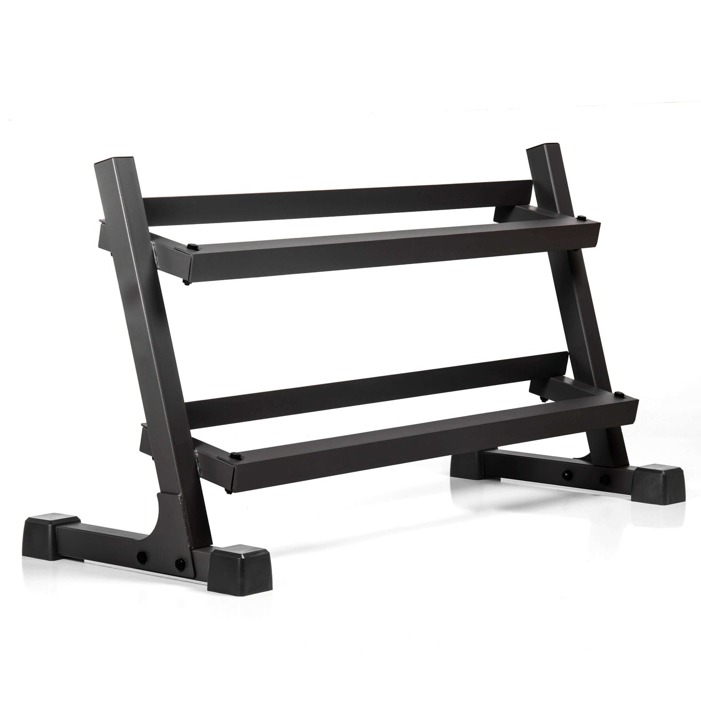 Sturdy black 2-tier storage rack for dumbbells, designed to organize and display weights securely.