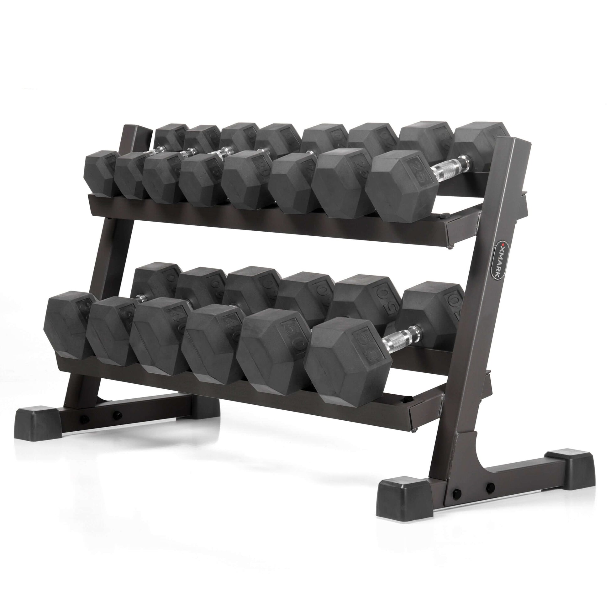 Rubber hex dumbbell pair set with a 2-tier storage rack, featuring multiple weight options from 10 to 50 lbs.