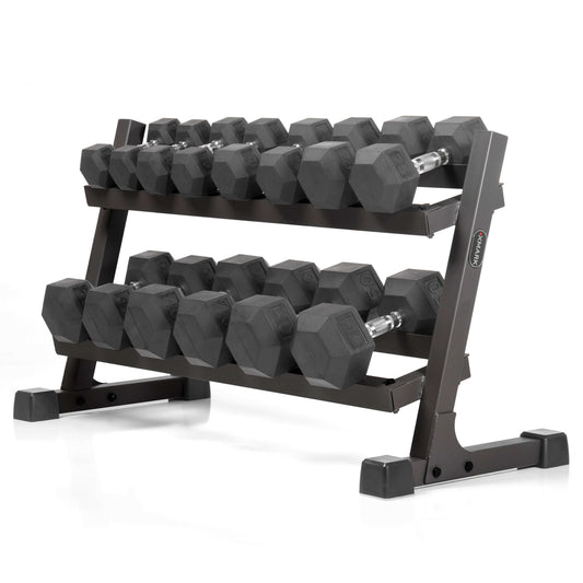 Rubber hex dumbbell pair set with a 2-tier storage rack, featuring multiple weight options from 10 to 50 lbs.