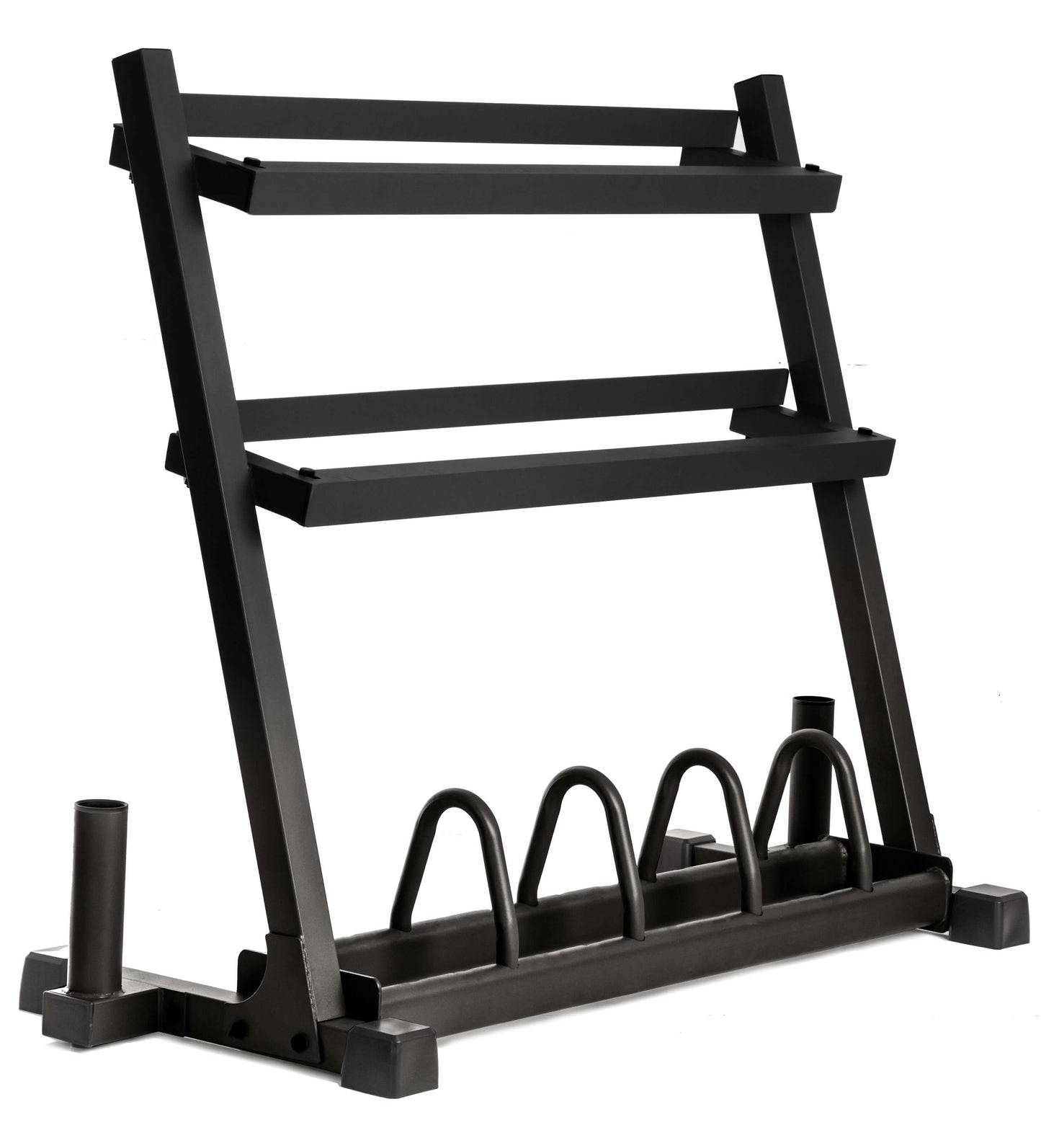 All-in-one storage solution for dumbbells, plates, and barbells featuring rugged design and easy access shelves.