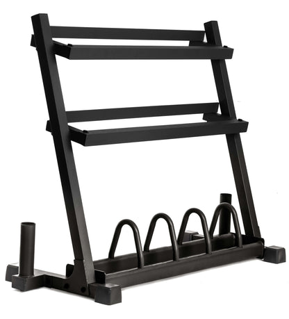 All-in-one storage solution for dumbbells, plates, and barbells featuring rugged design and easy access shelves.