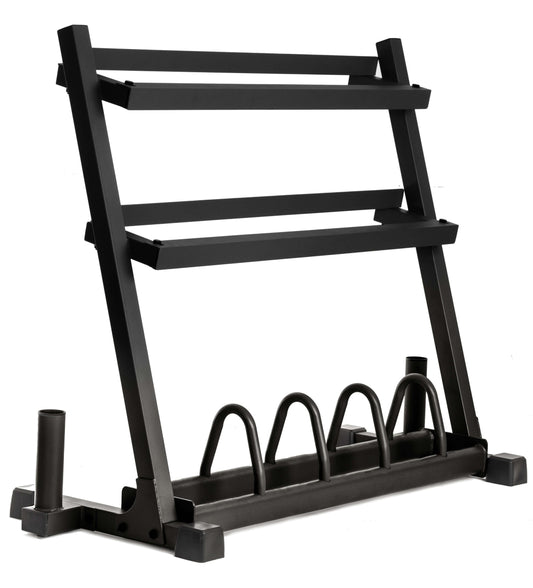 All-in-one storage solution for dumbbells, plates, and barbells featuring rugged design and easy access shelves.