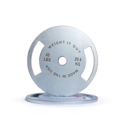 Solid Steel Calibrated Weight Plate Pairs - front view 45 lbs (silver finish)