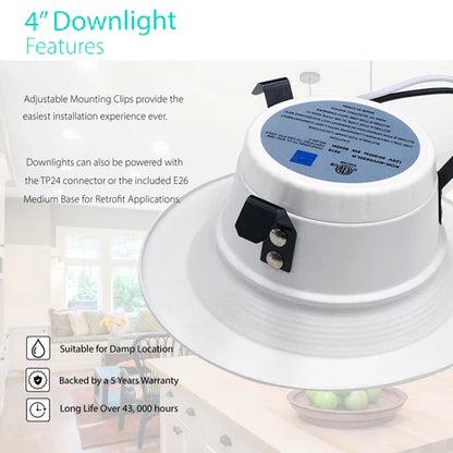 4 Inch LED Recessed Downlight, 10W, Selectable CCT, 750 Lumens, 120 VAC
