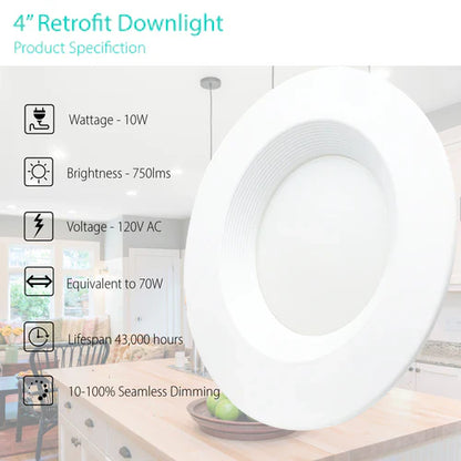 4 Inch LED Recessed Downlight, 10W, Selectable CCT, 750 Lumens, 120 VAC
