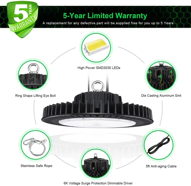 LED UFO High Bay Light, 150W, CCT 5000K, 21,000 Lumens, 100-277 VAC