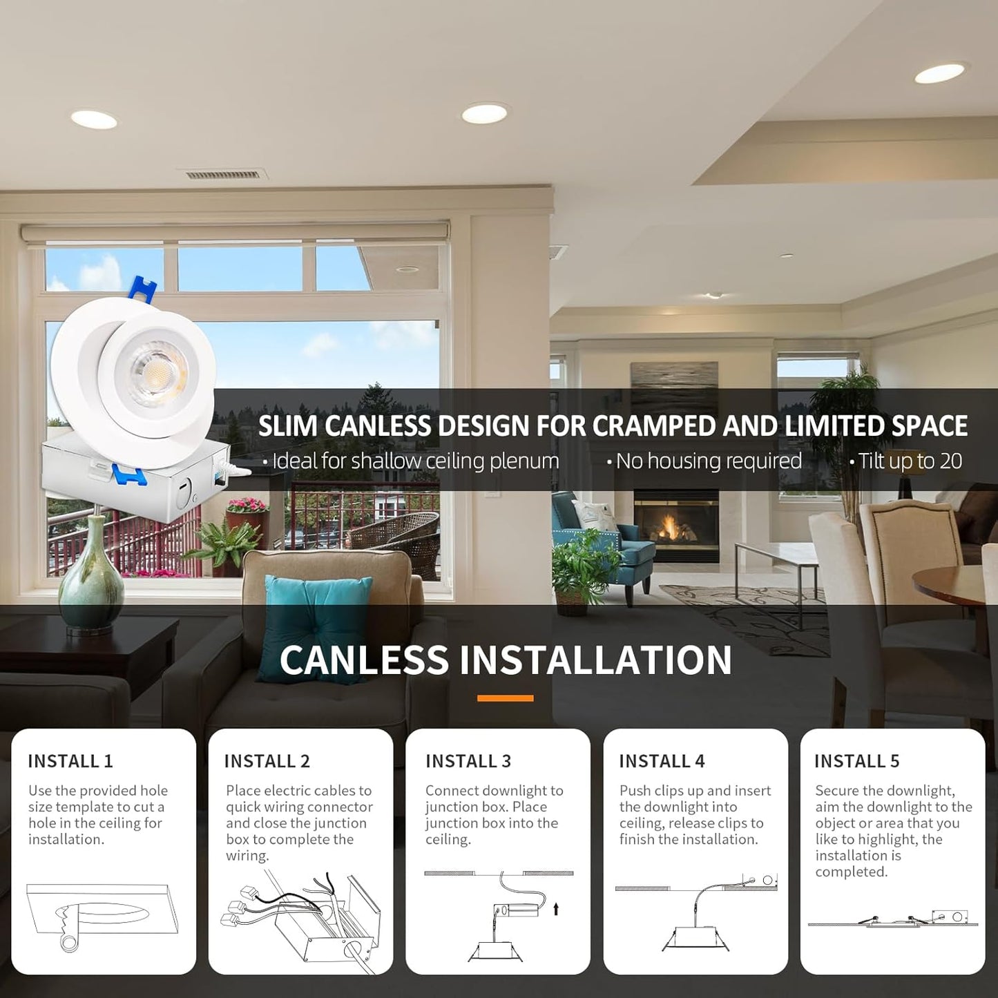 3-Inch Gimbal LED Recessed Downlight, 5CCT, 6W, 345LM, CRI 90+, ETL/Energy Star/T24