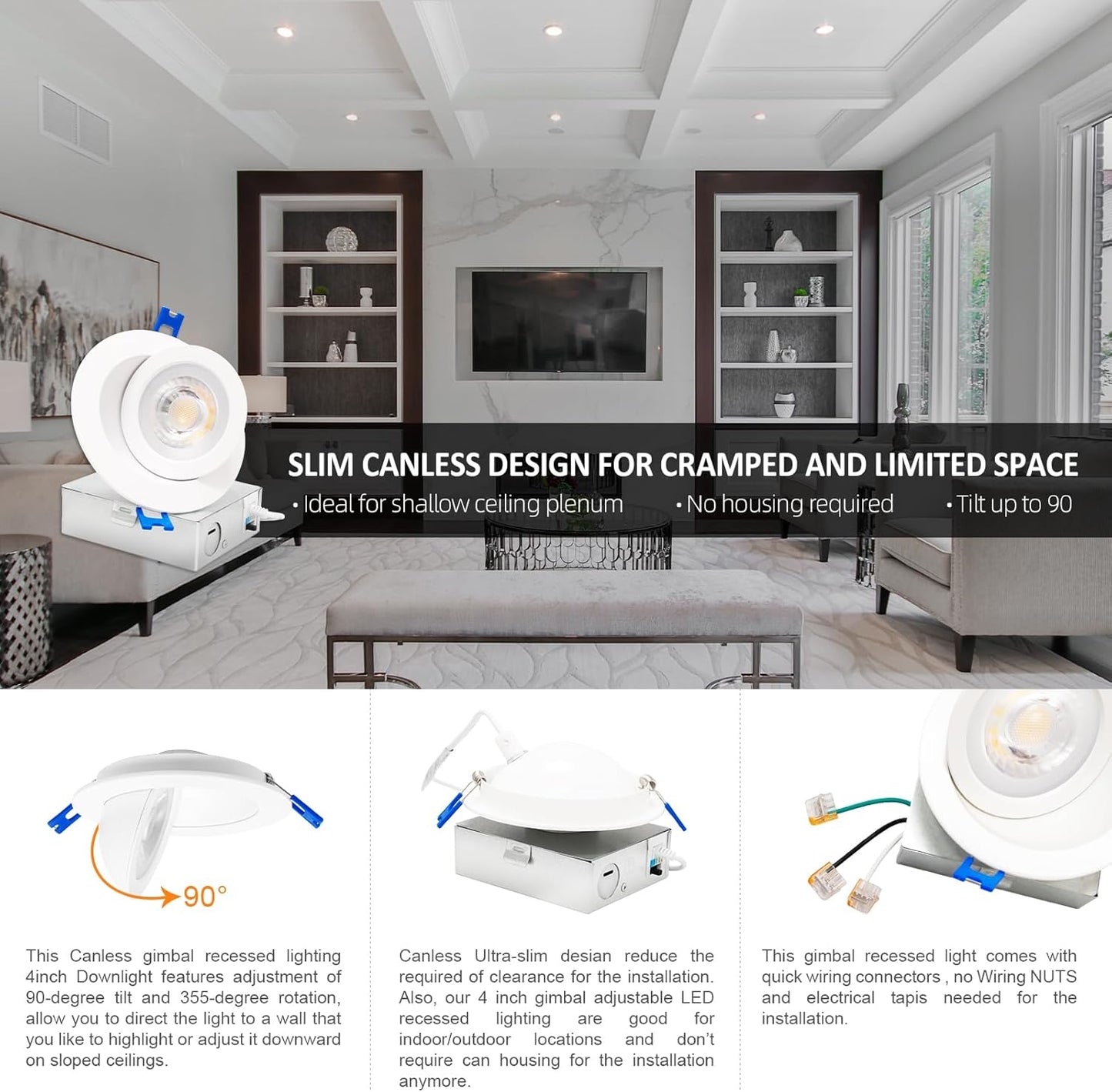 4-Inch Gimbal LED Downlight, 5CCT, 9W, 540LM, ETL/Energy Star/T24