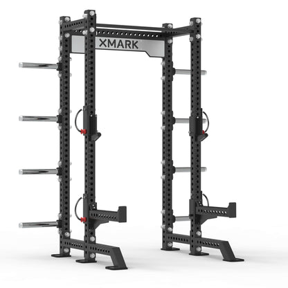 XMARK Viper Half Power Rack, a heavy-duty gym equipment featuring a sturdy steel frame for squats and pull-ups.
