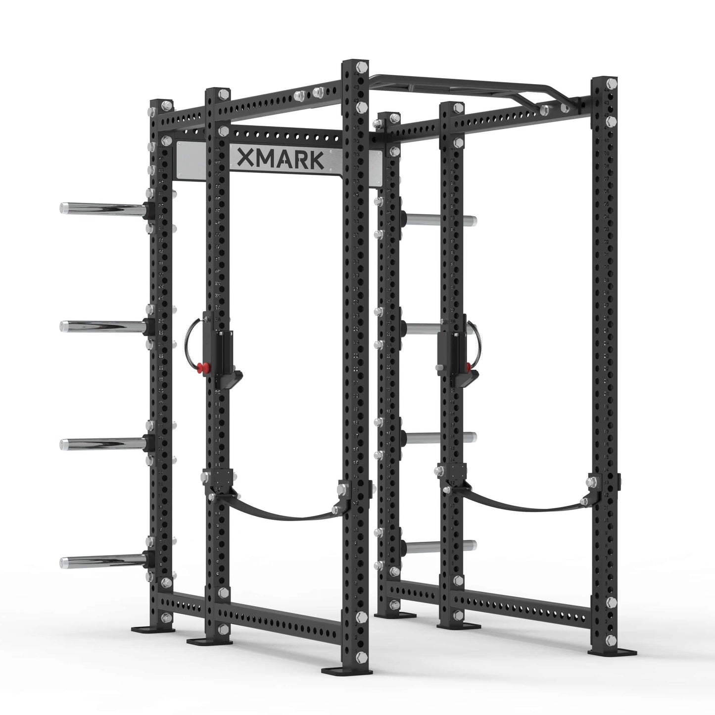 XMARK Viper Power Rack showcasing heavy-duty steel frame, pull-up bar, and adjustable storage options for strength training.