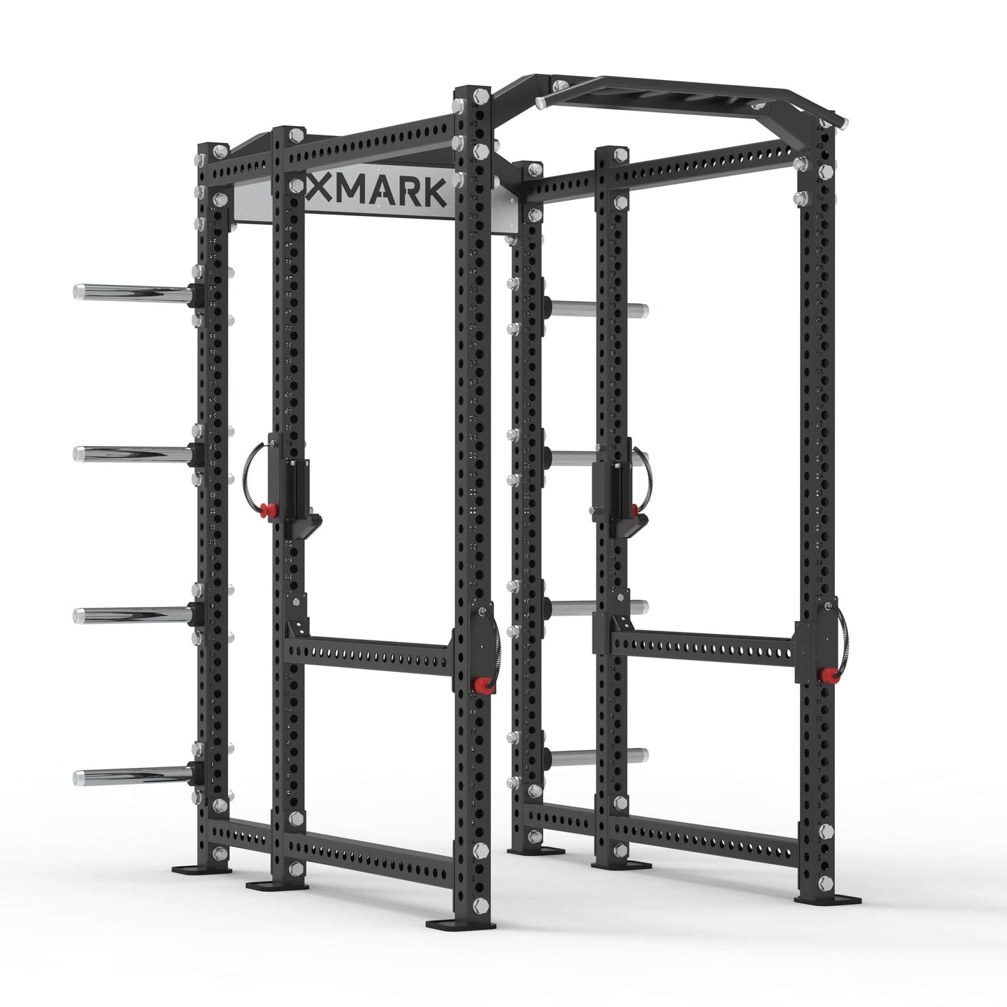XMARK Viper Power Rack featuring a sturdy steel frame, pull-up bar, and storage options for home gym workouts.