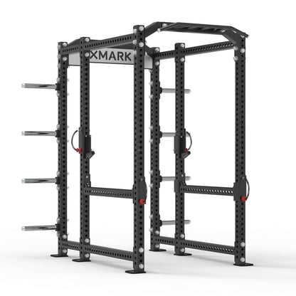 XMARK Viper Power Rack featuring a sturdy steel frame, pull-up bar, and storage options for home gym workouts.