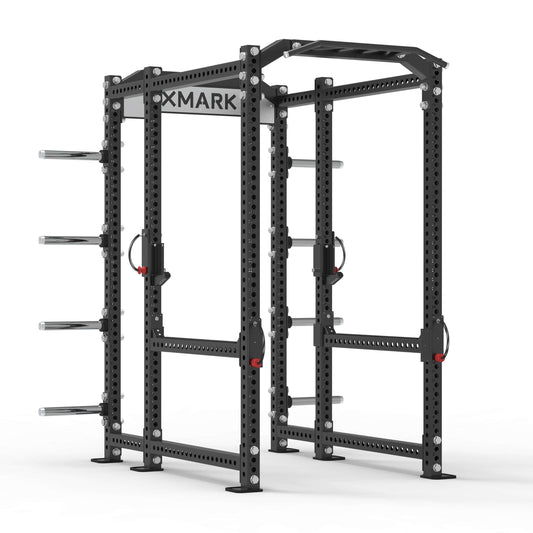 XMARK Viper Power Rack featuring a sturdy steel frame, pull-up bar, and storage options for home gym workouts.
