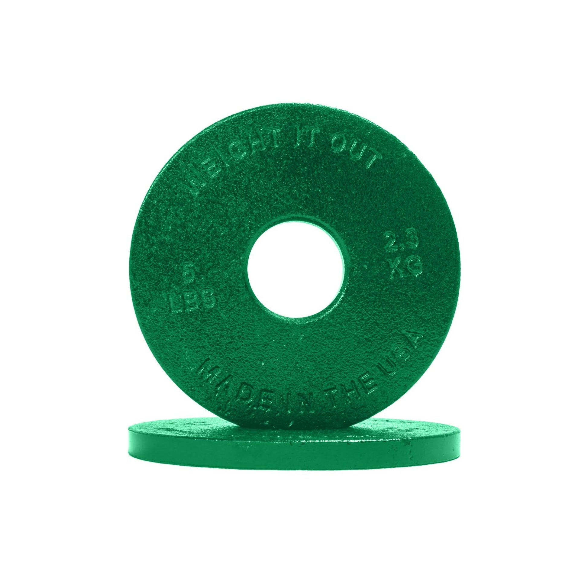 Cast Iron Machined Weight Plate Pairs - front view of 2.3 kg (green finish)