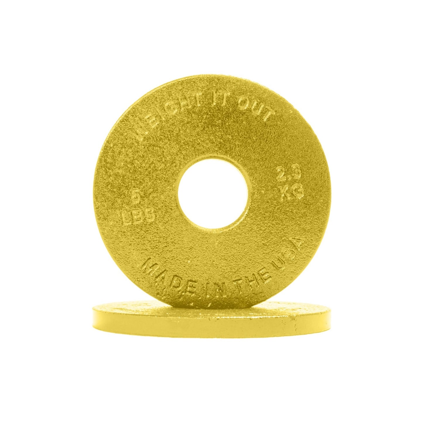 Cast Iron Machined Weight Plate Pairs - front view of 2.3 kg (yellow finish)