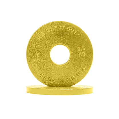 Cast Iron Machined Weight Plate Pairs - front view of 2.3 kg (yellow finish)