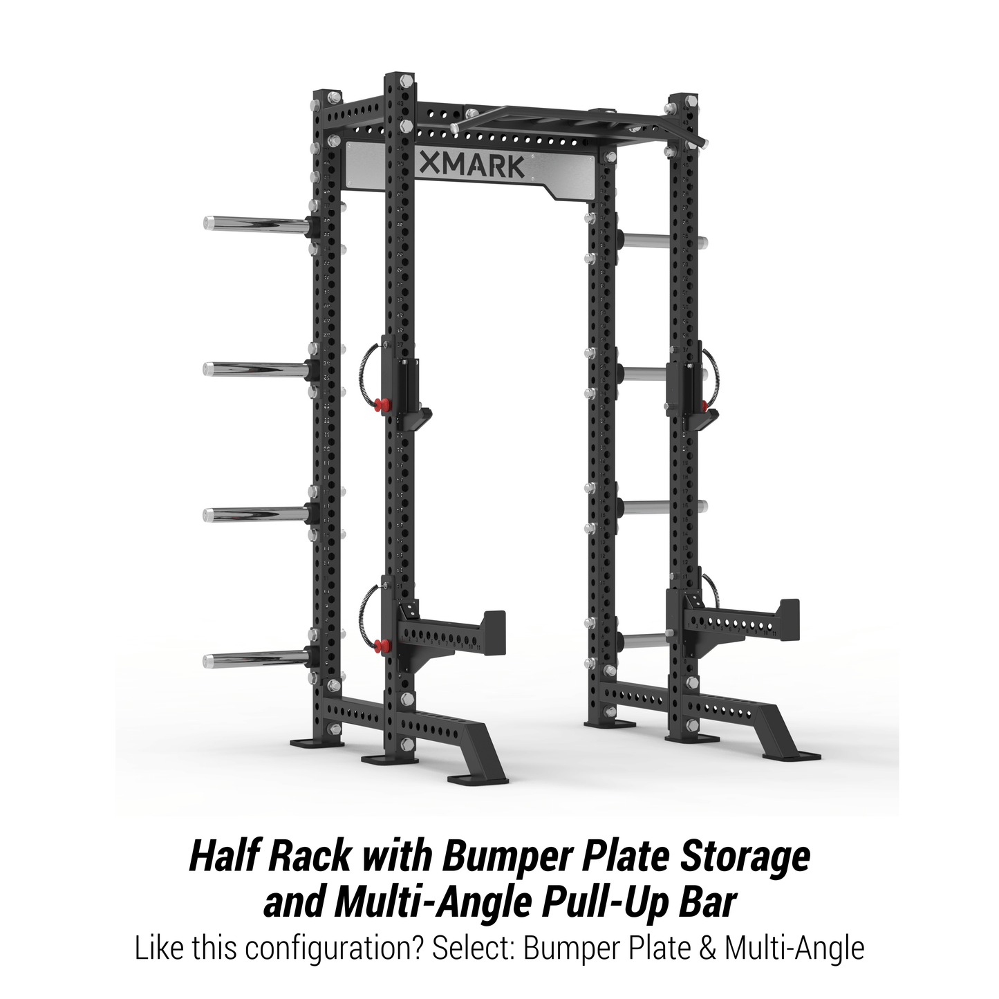 XMARK Viper Half Power Rack showcasing bumper plate storage and multi-angle pull-up bar for versatile workouts.