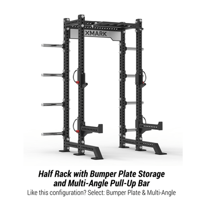 XMARK Viper Half Power Rack showcasing bumper plate storage and multi-angle pull-up bar for versatile workouts.