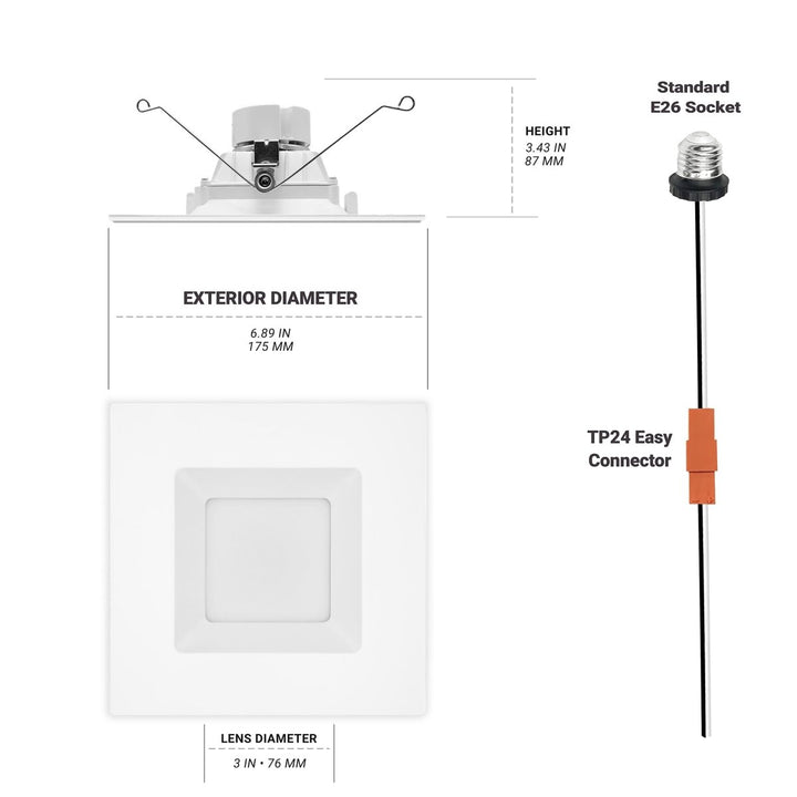 6 Inch Square LED Recessed Light, 10W, Selectable CCT, 1,100 Lumens, 120 VAC