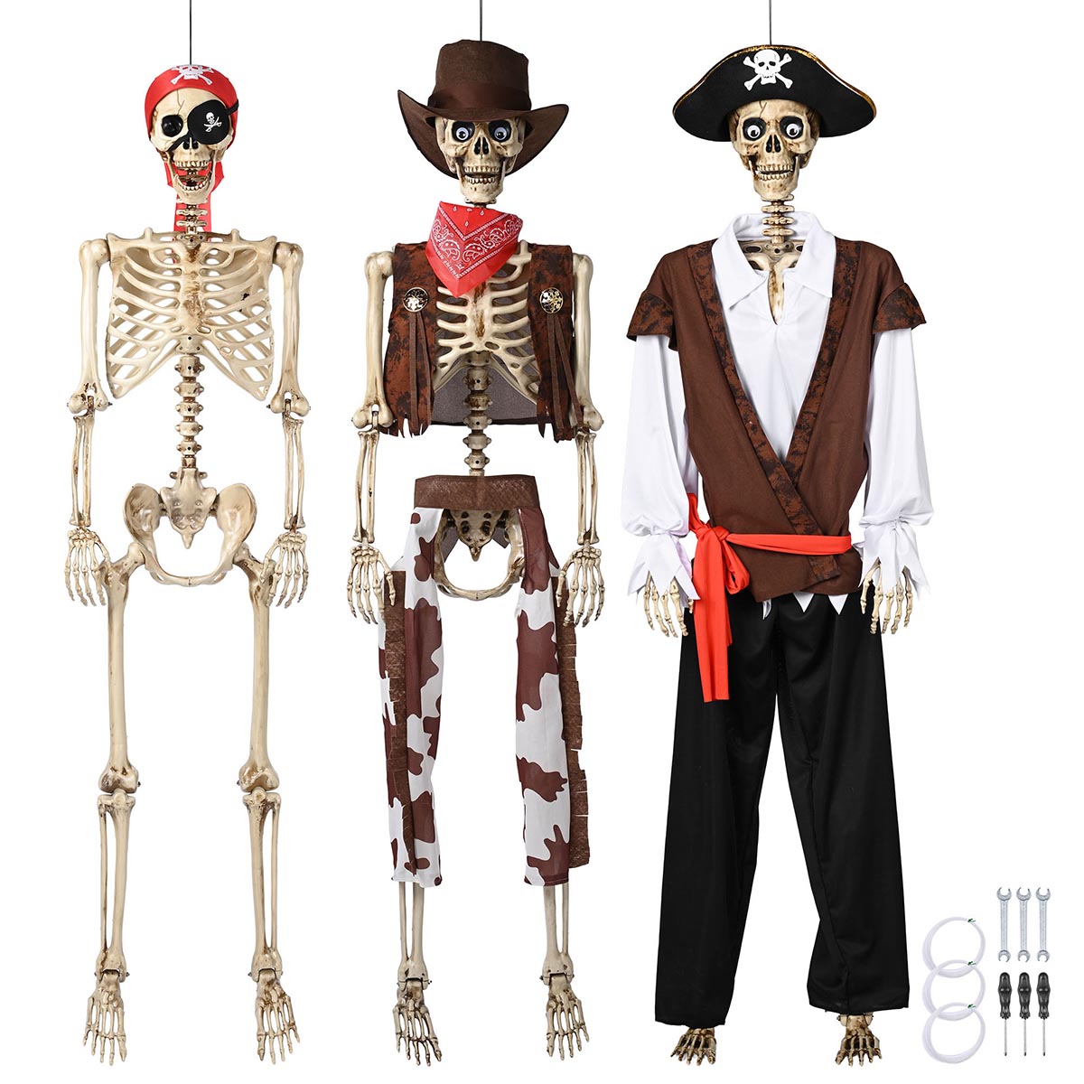 Yescom 5.6Ft Halloween Skeleton Set - Posable Pirate Captain & Cowboy