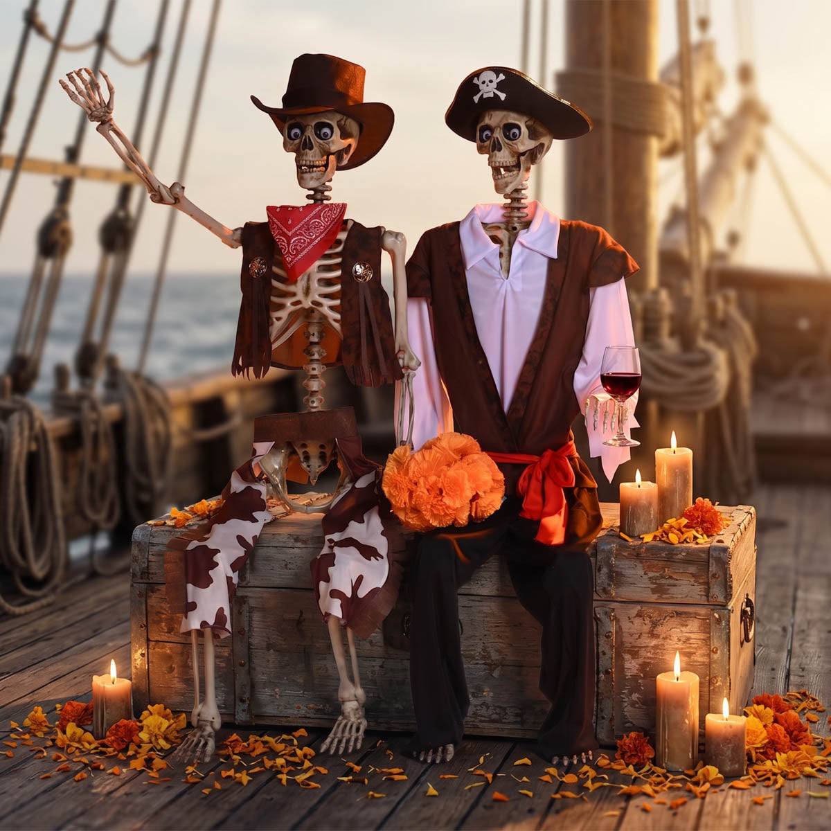 Yescom 5.6Ft Halloween Skeleton Set - Pirate Captain & Cowboy