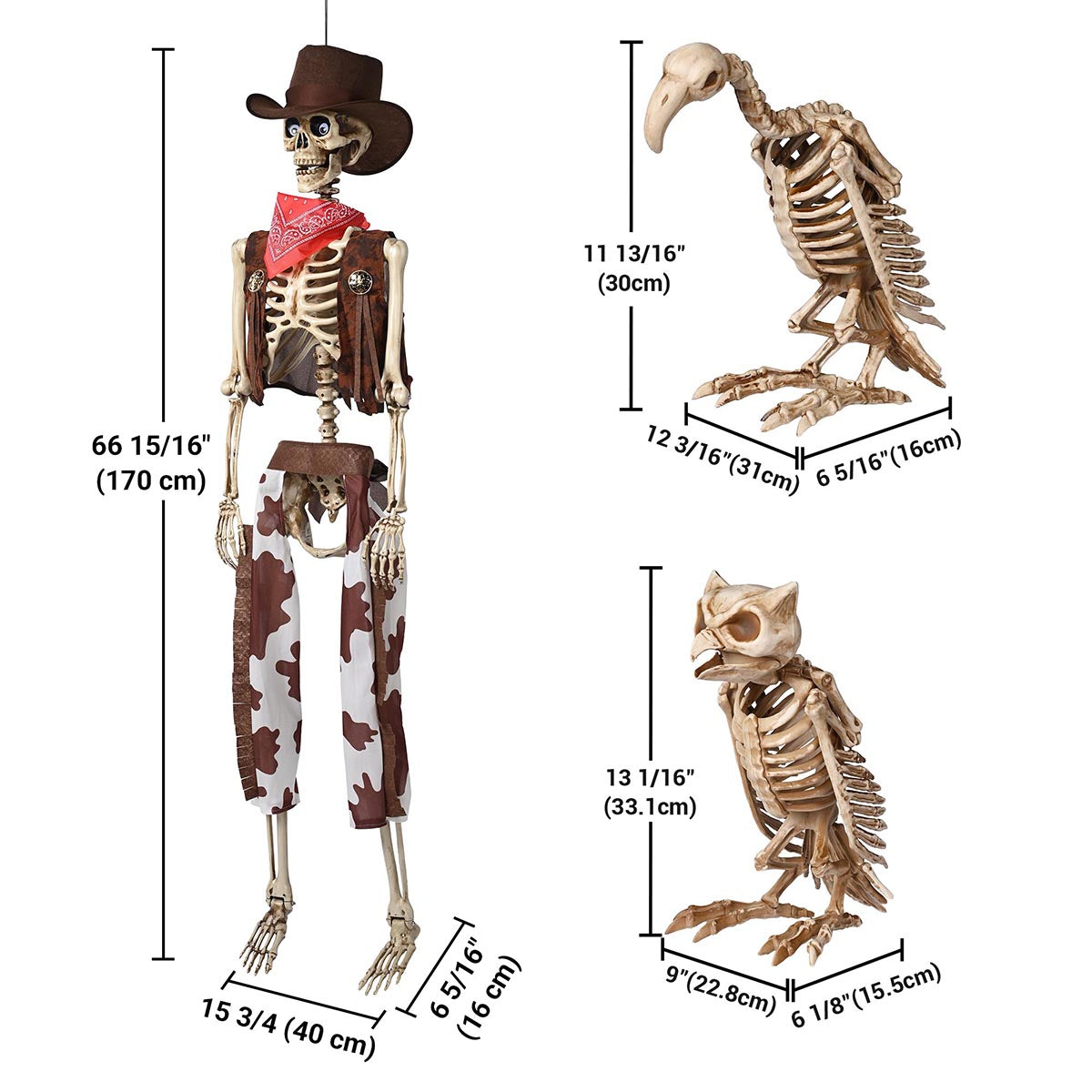 Yescom 5.6Ft Halloween Skeleton Set - Cowboy with Vulture & Owl