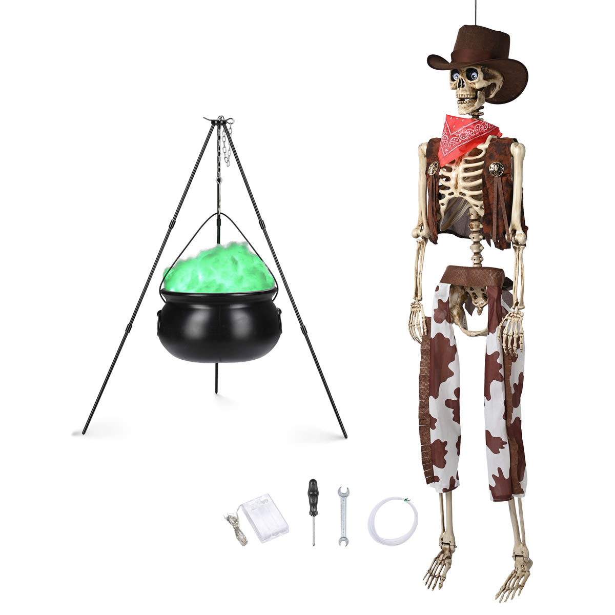 Yescom 5.6Ft Halloween Skeleton Set - Cowboy & Lighted Witch Cauldron