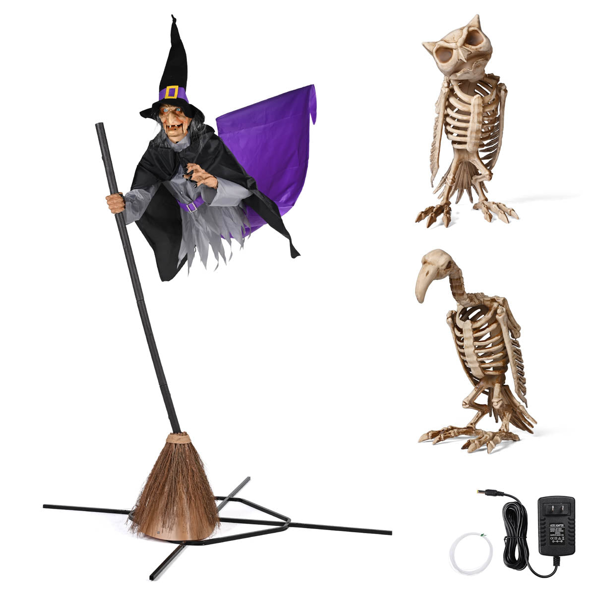 Yescom 9Ft Animated Flying Witch with Broom, Vulture & Owl Skeletons