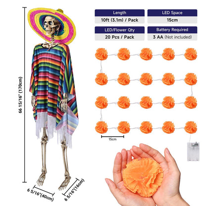 Yescom 5.6Ft Posable Halloween Skeletons & Marigold Light, Set of 2
