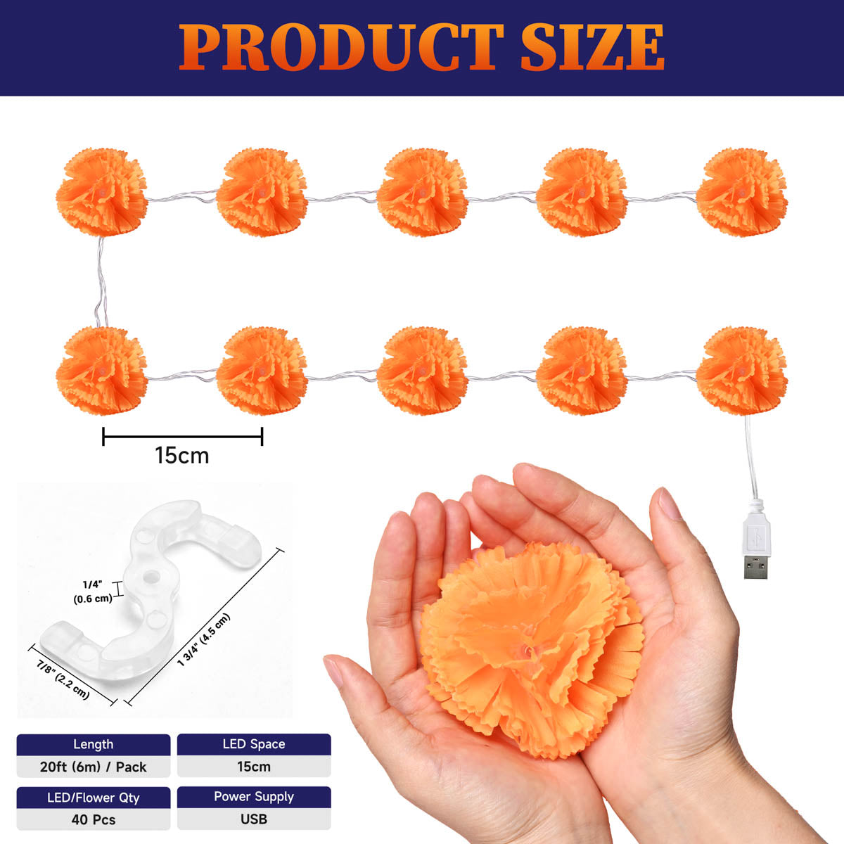 Yescom 2-Pack Marigold String Lights with S-Hooks, USB plug-in
