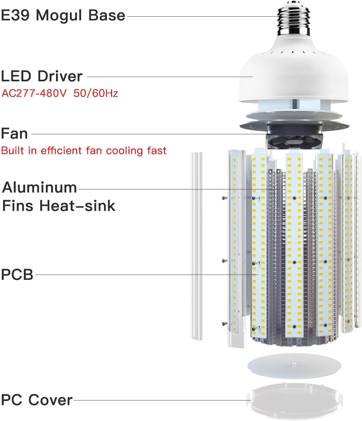 LED Corn Bulb, 60W, 8,100 lumens, 5000K Daylight, E39 Mogul Base, 277-480 VAC