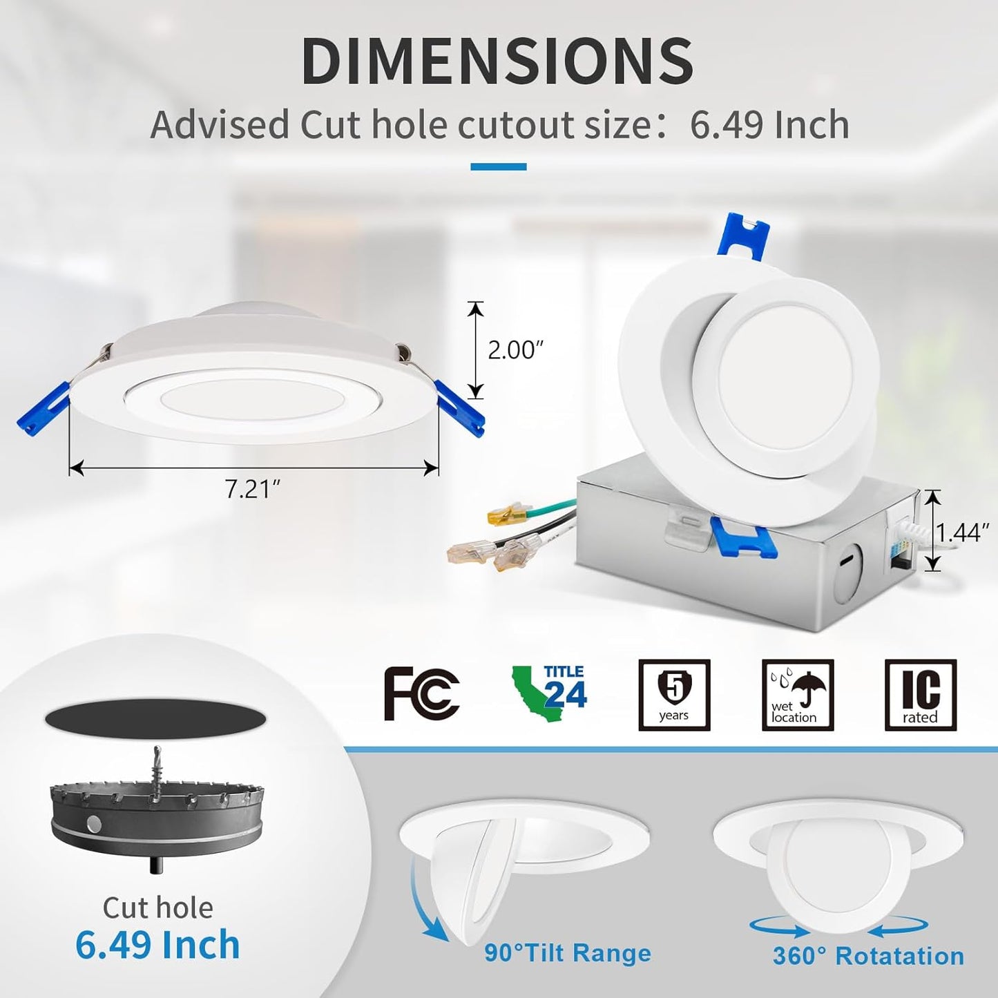 6-Inch Gimbal LED Downlight, 5CCT, 12W, 800LM, Adjustable, CRI 90+, ETL/Energy Star/T24